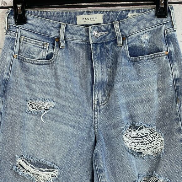 Pacsun SZ 27 Mom Jeans High-Rise Distressed 5-Pocket Light Wash Ankle Length - Picture 3 of 8